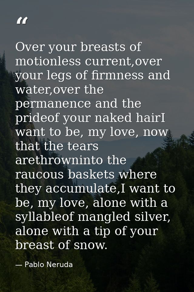 Over your breasts of motionless current,over your legs of firmness and water,over the permanence and the prideof your na — Pablo Neruda