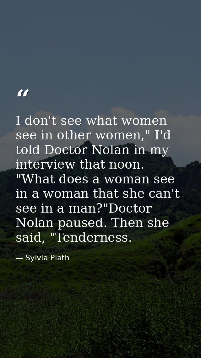 I don't see what women see in other women," I'd told Doctor Nolan in my interview that noon. "What does a woman see in a — Sylvia Plath