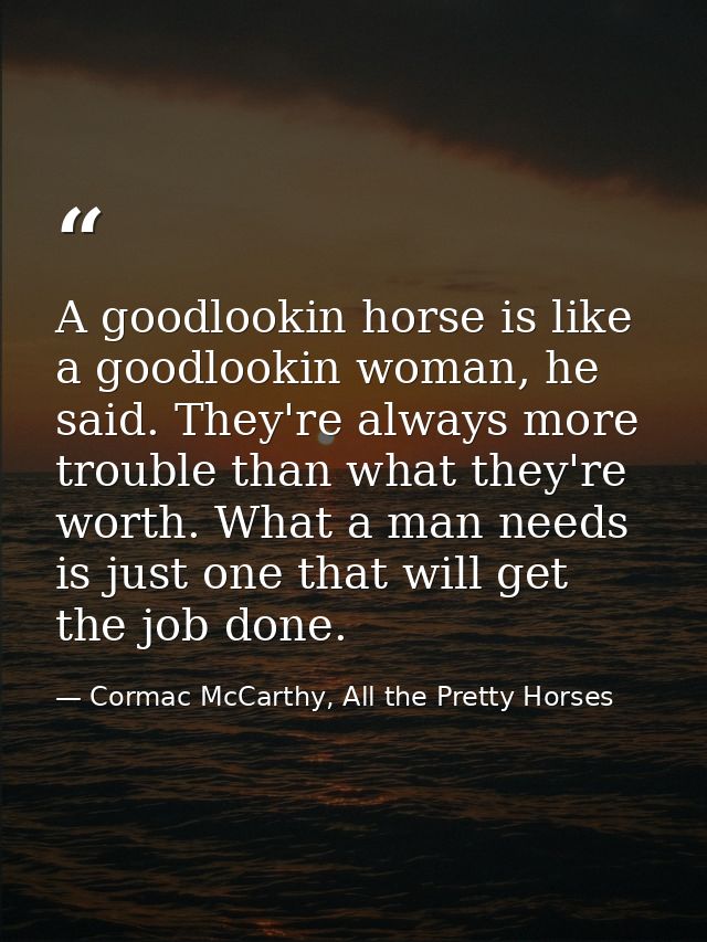 A goodlookin horse is like a goodlookin woman, he said. They're always more trouble than what they're worth. What a man  — Cormac McCarthy, All the Pretty Horses