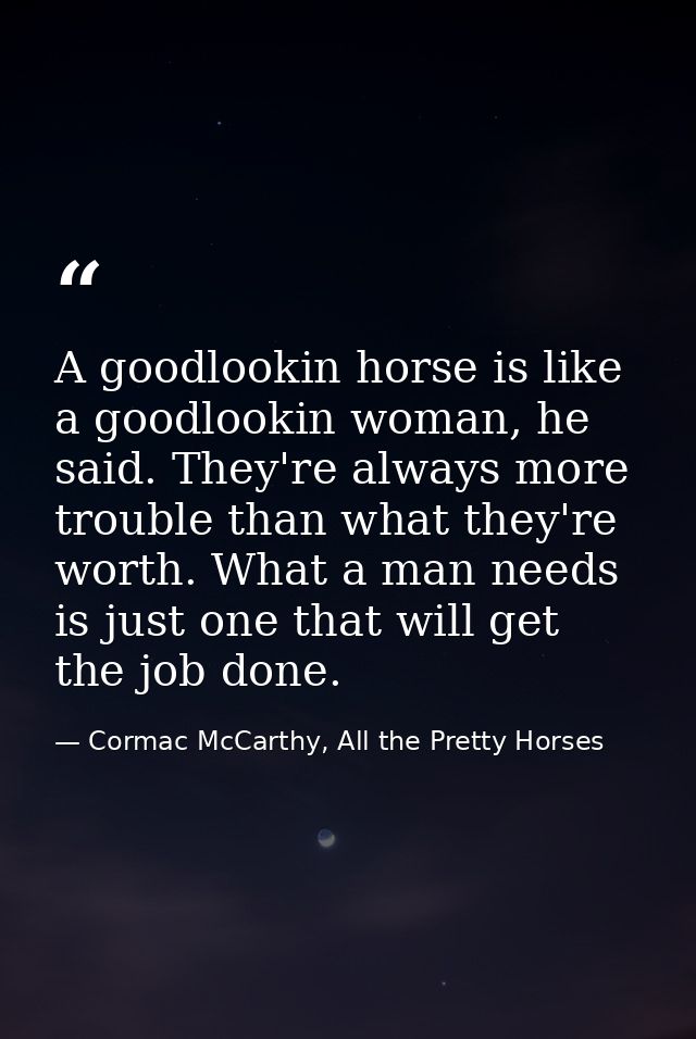 A goodlookin horse is like a goodlookin woman, he said. They're always more trouble than what they're worth. What a man  — Cormac McCarthy, All the Pretty Horses