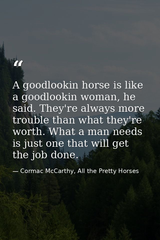 A goodlookin horse is like a goodlookin woman, he said. They're always more trouble than what they're worth. What a man  — Cormac McCarthy, All the Pretty Horses