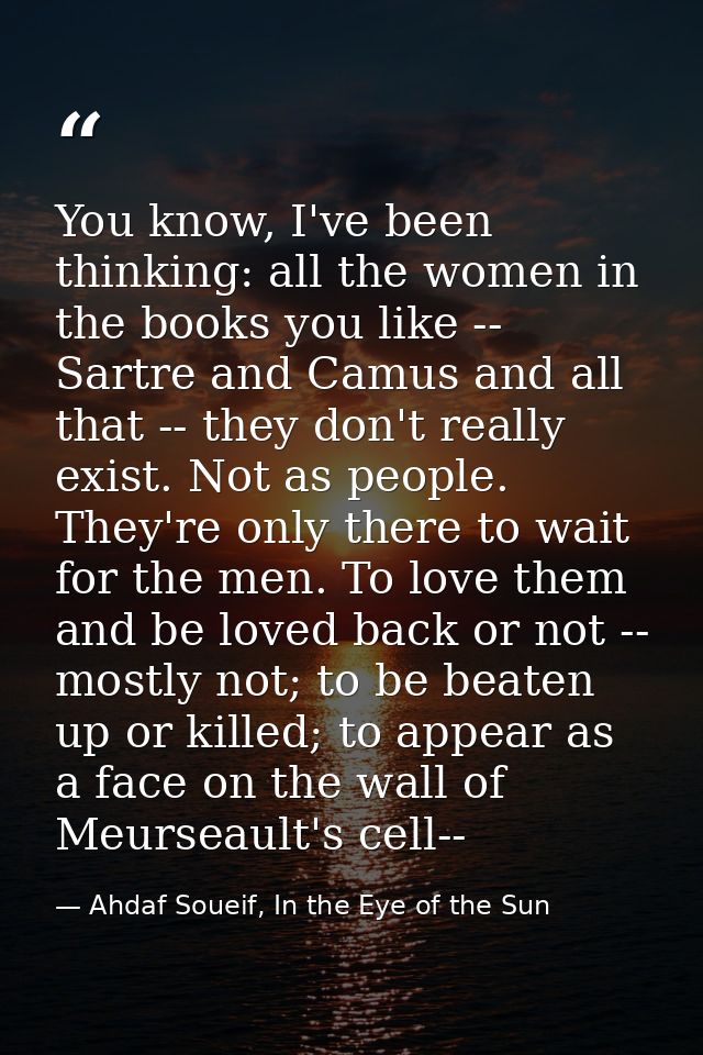 You know, I've been thinking: all the women in the books you like -- Sartre and Camus and all that -- they don't really  — Ahdaf Soueif, In the Eye of the Sun