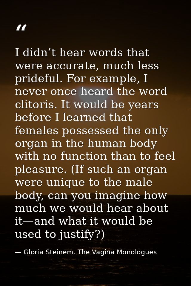 I didn’t hear words that were accurate, much less prideful. For example, I never once heard the word clitoris. It would  — Gloria Steinem, The Vagina Monologues