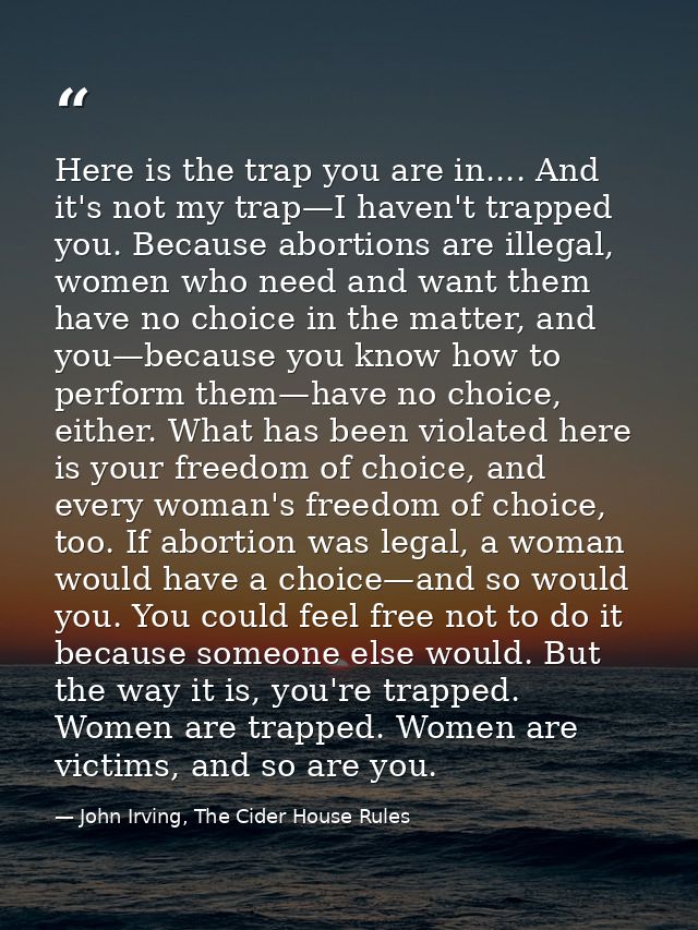 Here is the trap you are in.... And it's not my trap—I haven't trapped you. Because abortions are illegal, women who nee — John Irving, The Cider House Rules