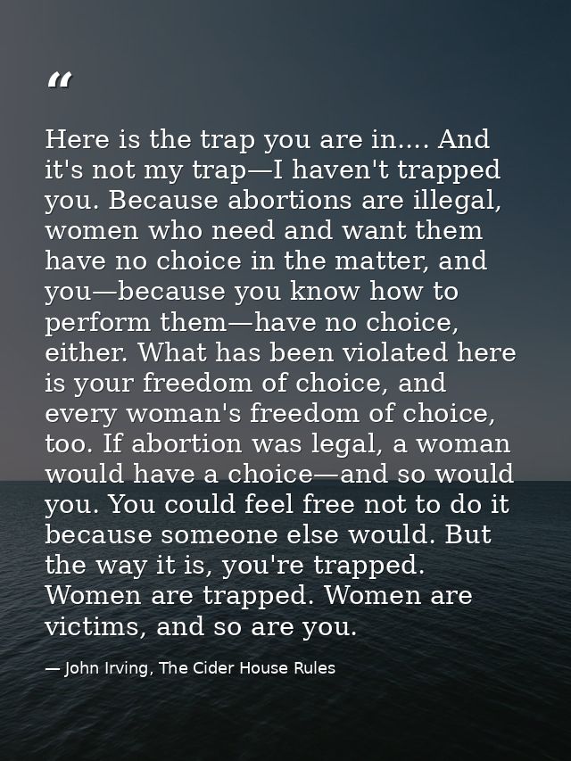 Here is the trap you are in.... And it's not my trap—I haven't trapped you. Because abortions are illegal, women who nee — John Irving, The Cider House Rules