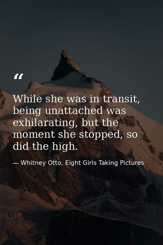 While she was in transit, being unattached was exhilarating, but the moment she stopped, so did the high. — Whitney Otto, Eight Girls Taking Pictures