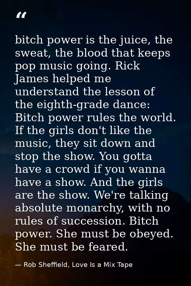 bitch power is the juice, the sweat, the blood that keeps pop music going. Rick James helped me understand the lesson of — Rob Sheffield, Love Is a Mix Tape