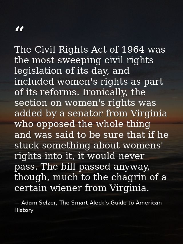 The Civil Rights Act of 1964 was the most sweeping civil rights legislation of its day, and included women's rights as p — Adam Selzer, The Smart Aleck's Guide to American History