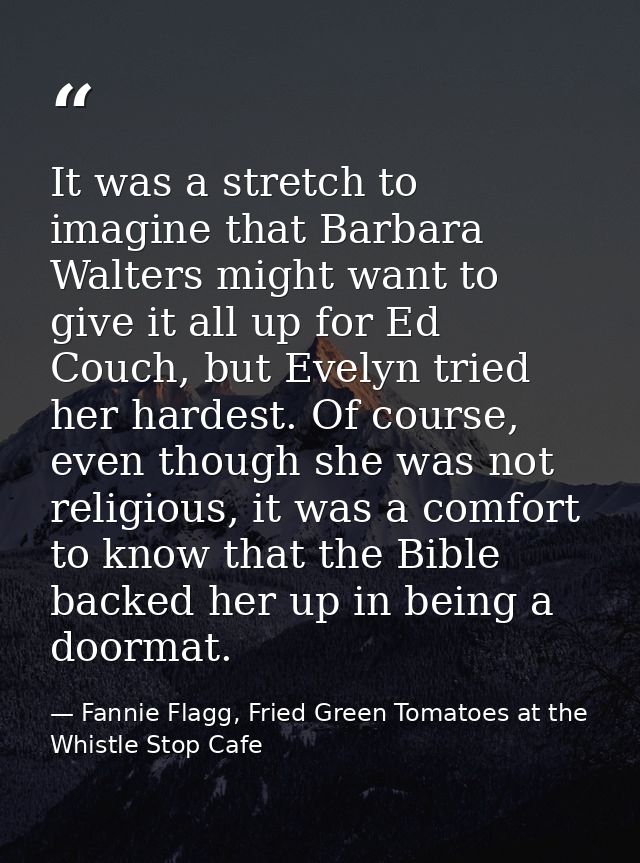 It was a stretch to imagine that Barbara Walters might want to give it all up for Ed Couch, but Evelyn tried her hardest — Fannie Flagg, Fried Green Tomatoes at the Whistle Stop Cafe