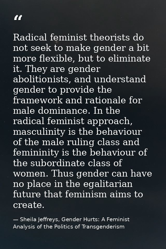 Radical feminist theorists do not seek to make gender a bit more flexible, but to eliminate it. They are gender abolitio — Sheila Jeffreys, Gender Hurts: A Feminist Analysis of the Politics of Transgenderism