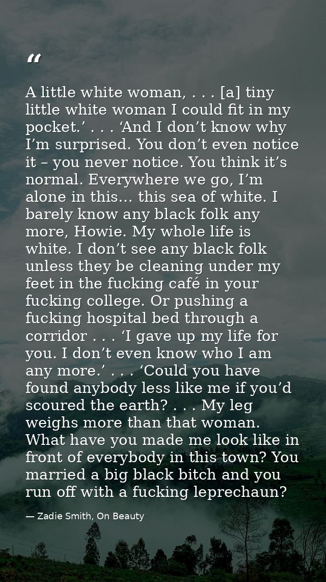 A little white woman, . . . [a] tiny little white woman I could fit in my pocket.’ . . . ‘And I don’t know why I’m surpr — Zadie Smith, On Beauty