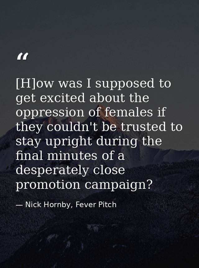 [H]ow was I supposed to get excited about the oppression of females if they couldn't be trusted to stay upright during t — Nick Hornby, Fever Pitch