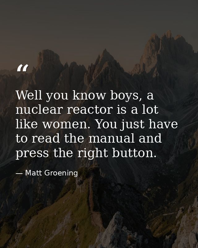 Well you know boys, a nuclear reactor is a lot like women. You just have to read the manual and press the right button. — Matt Groening