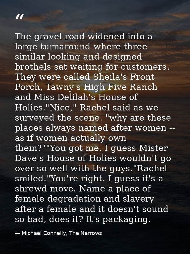 The gravel road widened into a large turnaround where three similar looking and designed brothels sat waiting for custom — Michael Connelly, The Narrows