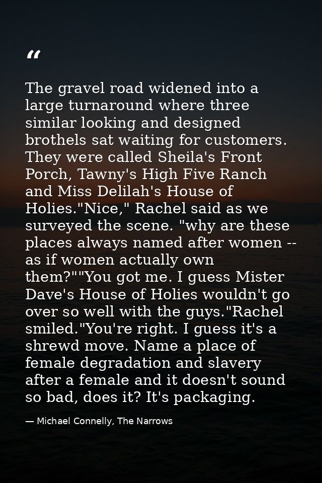 The gravel road widened into a large turnaround where three similar looking and designed brothels sat waiting for custom — Michael Connelly, The Narrows