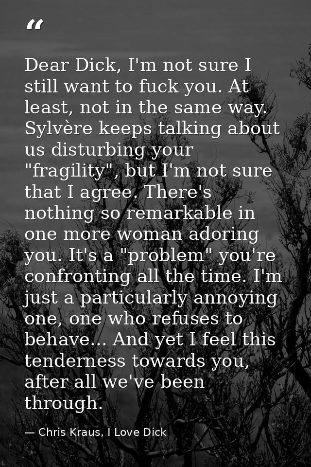 Dear Dick, I'm not sure I still want to fuck you. At least, not in the same way. Sylvère keeps talking about us disturbi — Chris Kraus, I Love Dick