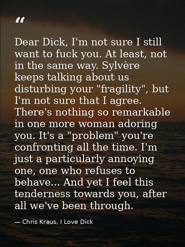 Dear Dick, I'm not sure I still want to fuck you. At least, not in the same way. Sylvère keeps talking about us disturbi — Chris Kraus, I Love Dick