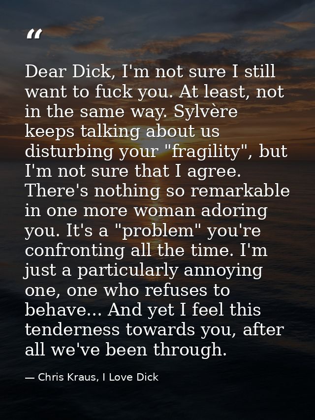 Dear Dick, I'm not sure I still want to fuck you. At least, not in the same way. Sylvère keeps talking about us disturbi — Chris Kraus, I Love Dick