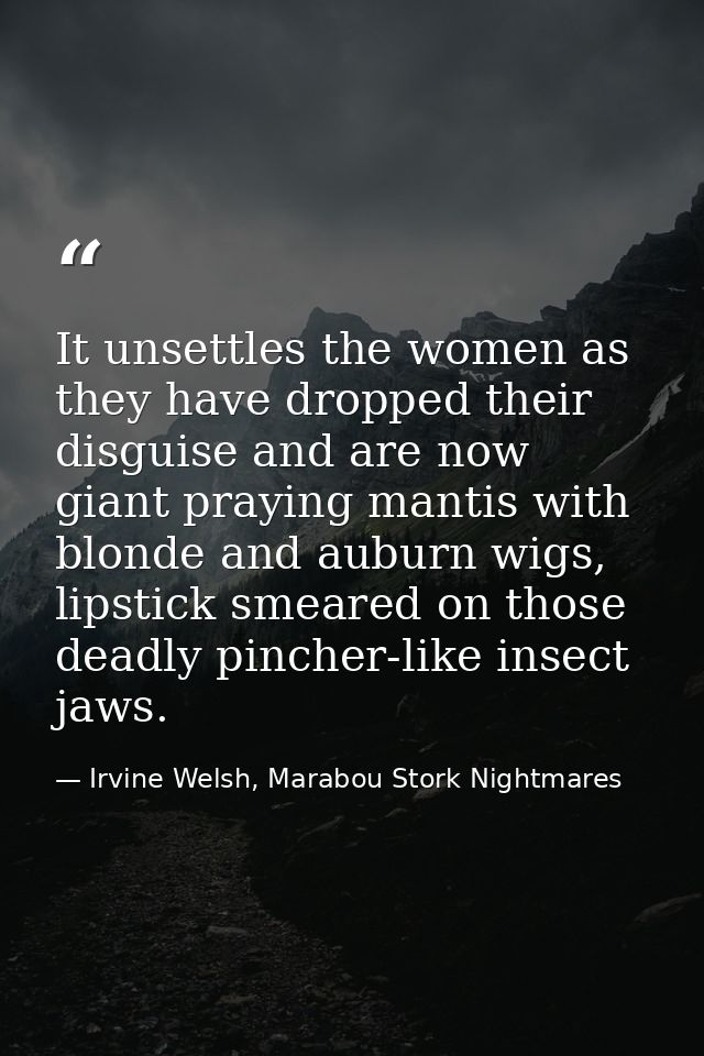 It unsettles the women as they have dropped their disguise and are now giant praying mantis with blonde and auburn wigs, — Irvine Welsh, Marabou Stork Nightmares