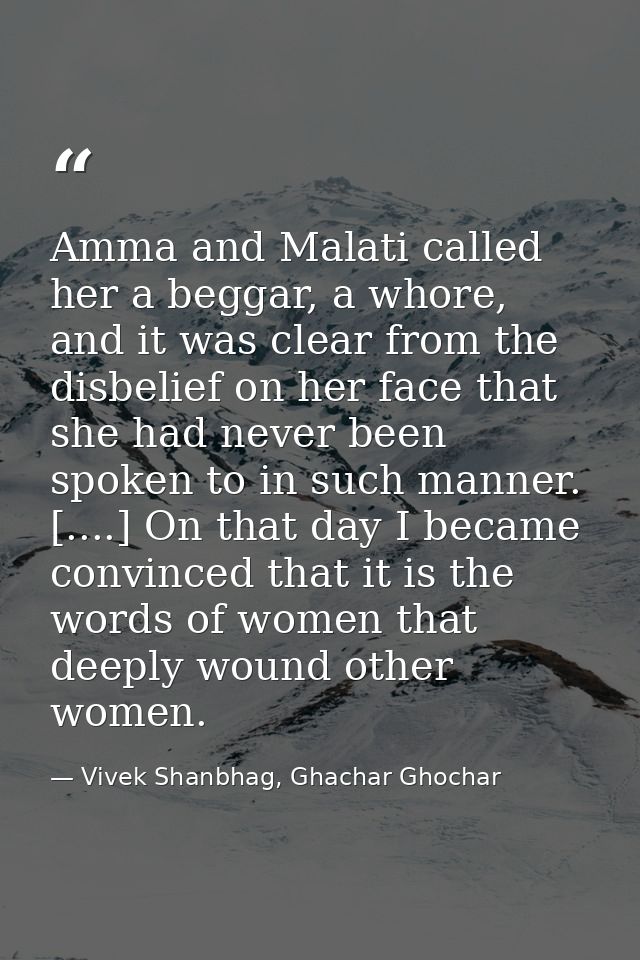 Amma and Malati called her a beggar, a whore, and it was clear from the disbelief on her face that she had never been sp — Vivek Shanbhag, Ghachar Ghochar
