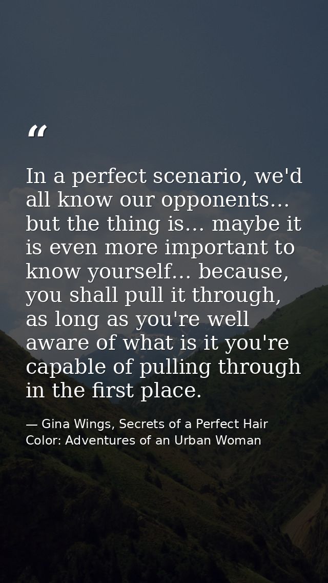 In a perfect scenario, we'd all know our opponents… but the thing is… maybe it is even more important to know yourself…  — Gina Wings, Secrets of a Perfect Hair Color: Adventures of an Urban Woman