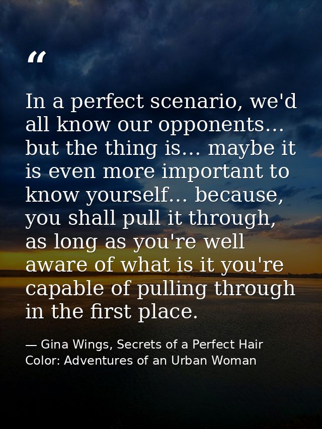 In a perfect scenario, we'd all know our opponents… but the thing is… maybe it is even more important to know yourself…  — Gina Wings, Secrets of a Perfect Hair Color: Adventures of an Urban Woman