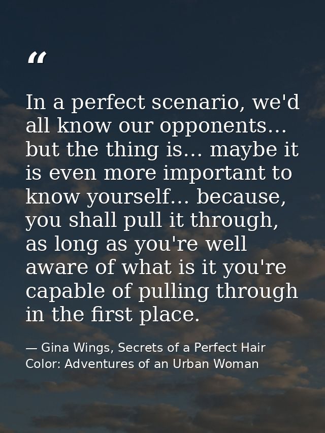 In a perfect scenario, we'd all know our opponents… but the thing is… maybe it is even more important to know yourself…  — Gina Wings, Secrets of a Perfect Hair Color: Adventures of an Urban Woman