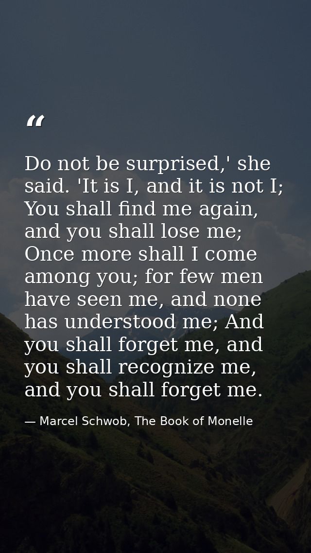 Do not be surprised,' she said. 'It is I, and it is not I; You shall find me again, and you shall lose me; Once more sha — Marcel Schwob, The Book of Monelle