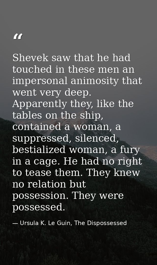 Shevek saw that he had touched in these men an impersonal animosity that went very deep. Apparently they, like the table — Ursula K. Le Guin, The Dispossessed