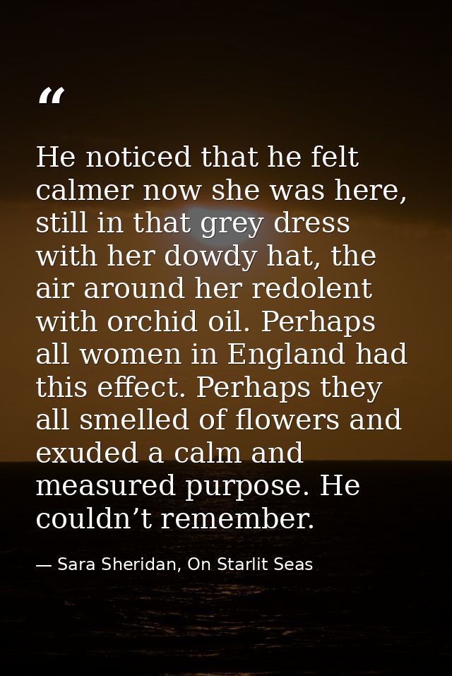 He noticed that he felt calmer now she was here, still in that grey dress with her dowdy hat, the air around her redolen — Sara Sheridan, On Starlit Seas