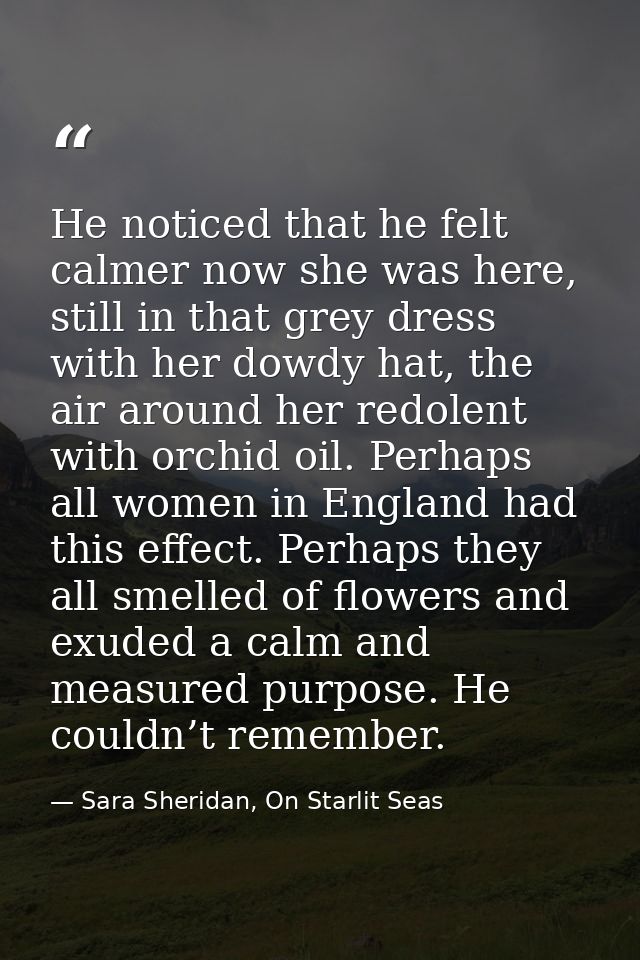 He noticed that he felt calmer now she was here, still in that grey dress with her dowdy hat, the air around her redolen — Sara Sheridan, On Starlit Seas