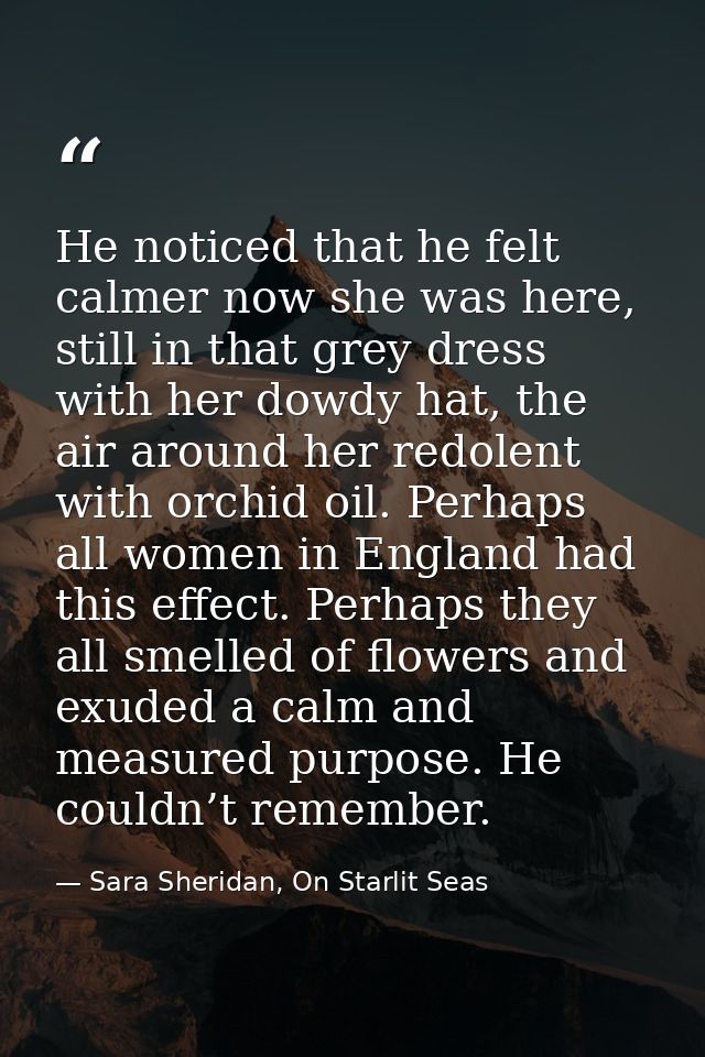 He noticed that he felt calmer now she was here, still in that grey dress with her dowdy hat, the air around her redolen — Sara Sheridan, On Starlit Seas