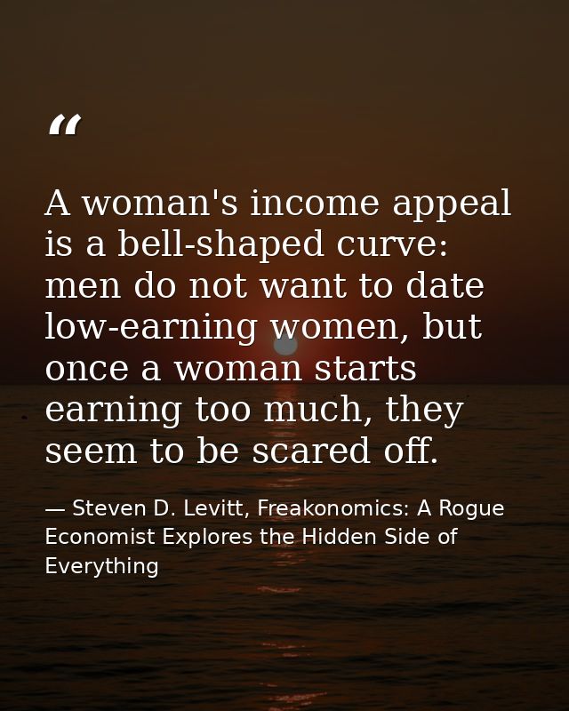 A woman's income appeal is a bell-shaped curve: men do not want to date low-earning women, but once a woman starts earni — Steven D. Levitt, Freakonomics: A Rogue Economist Explores the Hidden Side of Everything