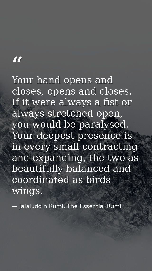 Your hand opens and closes, opens and closes. If it were always a fist or always stretched open, you would be paralysed. — Jalaluddin Rumi, The Essential Rumi