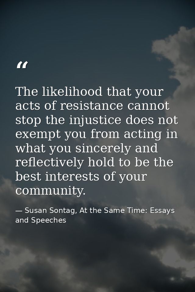 The likelihood that your acts of resistance cannot stop the injustice does not exempt you from acting in what you sincer — Susan Sontag, At the Same Time: Essays and Speeches