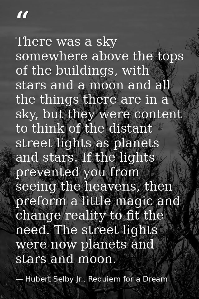 There was a sky somewhere above the tops of the buildings, with stars and a moon and all the things there are in a sky,  — Hubert Selby Jr., Requiem for a Dream
