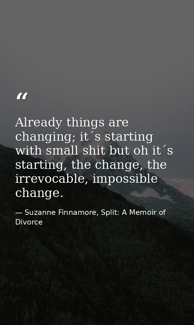 Already things are changing; it´s starting with small shit but oh it´s starting, the change, the irrevocable, impossible — Suzanne Finnamore, Split: A Memoir of Divorce