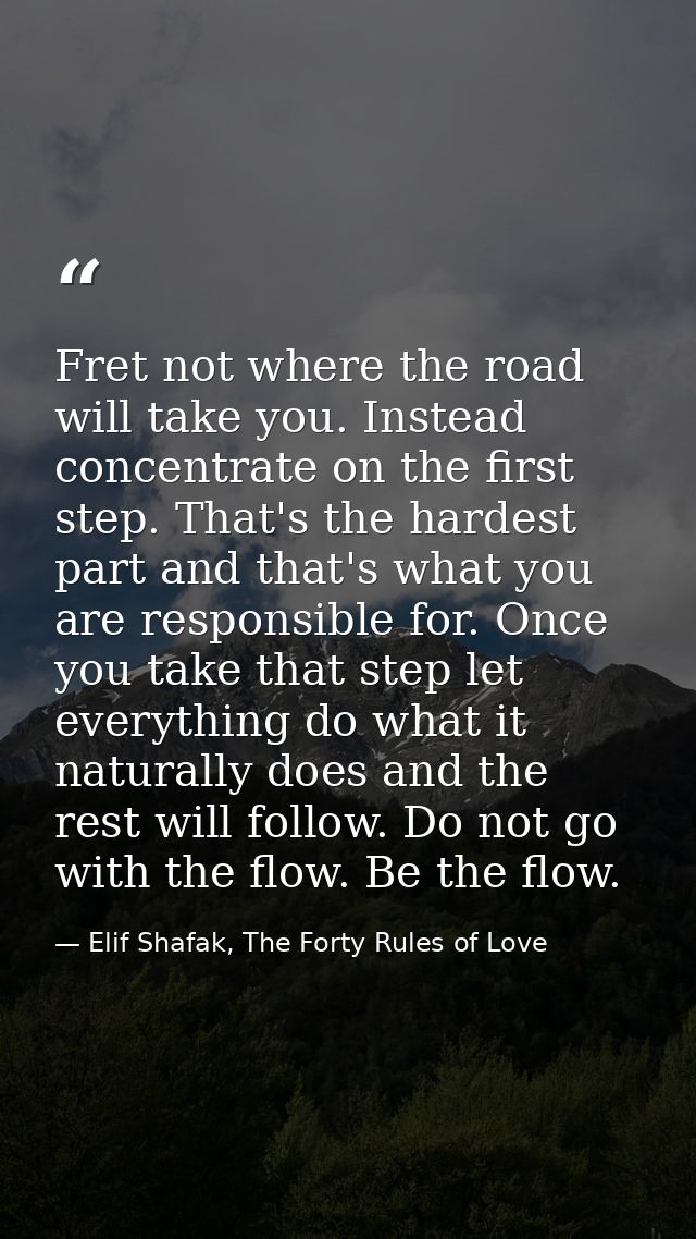 Fret not where the road will take you. Instead concentrate on the first step. That's the hardest part and that's what yo — Elif Shafak, The Forty Rules of Love