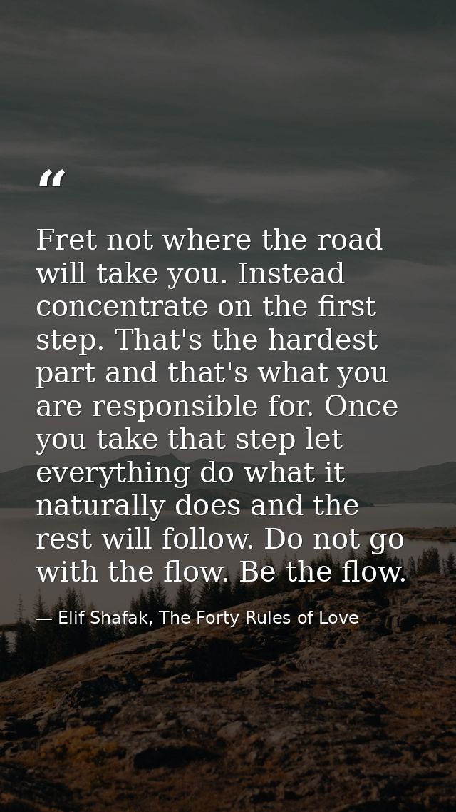 Fret not where the road will take you. Instead concentrate on the first step. That's the hardest part and that's what yo — Elif Shafak, The Forty Rules of Love