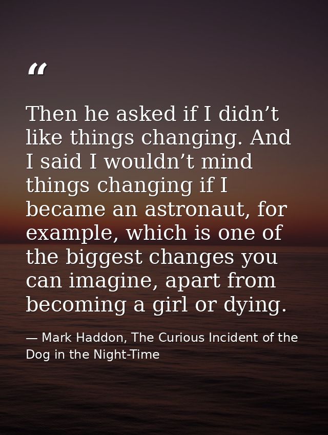 Then he asked if I didn’t like things changing. And I said I wouldn’t mind things changing if I became an astronaut, for — Mark Haddon, The Curious Incident of the Dog in the Night-Time
