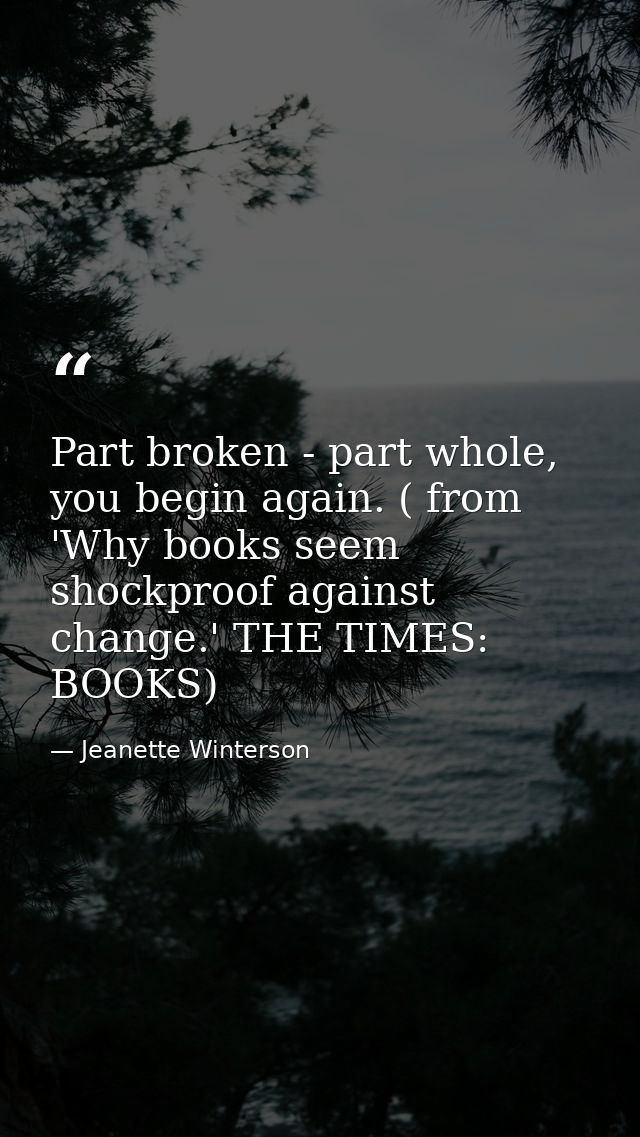 Part broken - part whole, you begin again. ( from 'Why books seem shockproof against change.' THE TIMES: BOOKS) — Jeanette Winterson