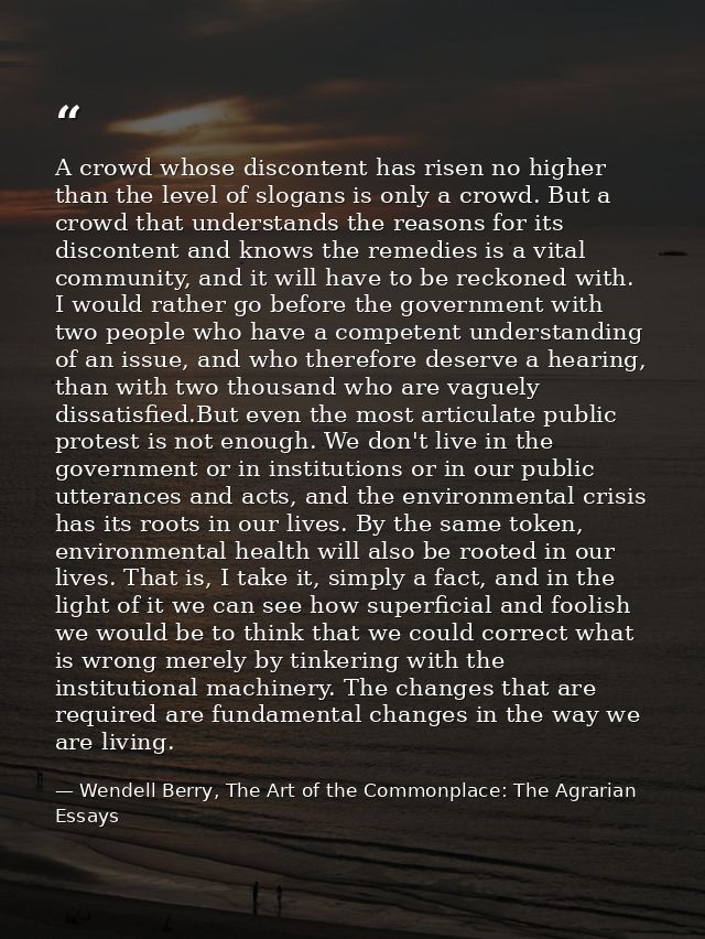 A crowd whose discontent has risen no higher than the level of slogans is only a crowd. But a crowd that understands the — Wendell Berry, The Art of the Commonplace: The Agrarian Essays