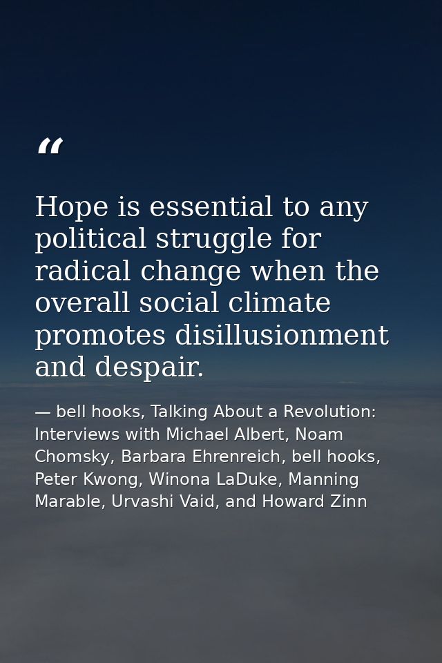 Hope is essential to any political struggle for radical change when the overall social climate promotes disillusionment  — bell hooks, Talking About a Revolution: Interviews with Michael Albert, Noam Chomsky, Barbara Ehrenreich, bell hooks, Peter Kwong, Winona LaDuke, Manning Marable, Urvashi Vaid, and Howard Zinn