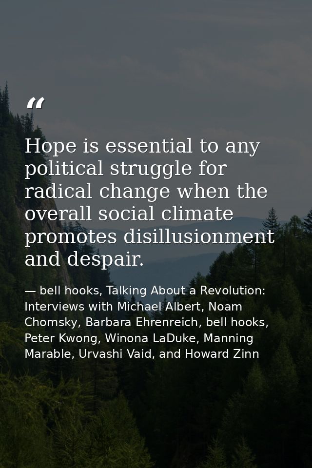 Hope is essential to any political struggle for radical change when the overall social climate promotes disillusionment  — bell hooks, Talking About a Revolution: Interviews with Michael Albert, Noam Chomsky, Barbara Ehrenreich, bell hooks, Peter Kwong, Winona LaDuke, Manning Marable, Urvashi Vaid, and Howard Zinn