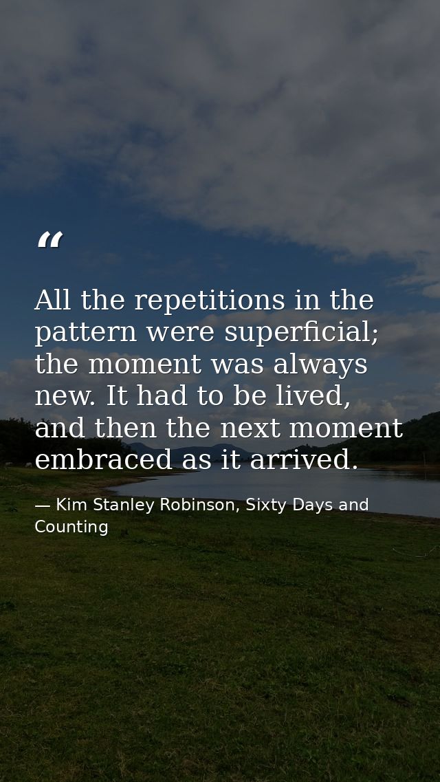 All the repetitions in the pattern were superficial; the moment was always new. It had to be lived, and then the next mo — Kim Stanley Robinson, Sixty Days and Counting
