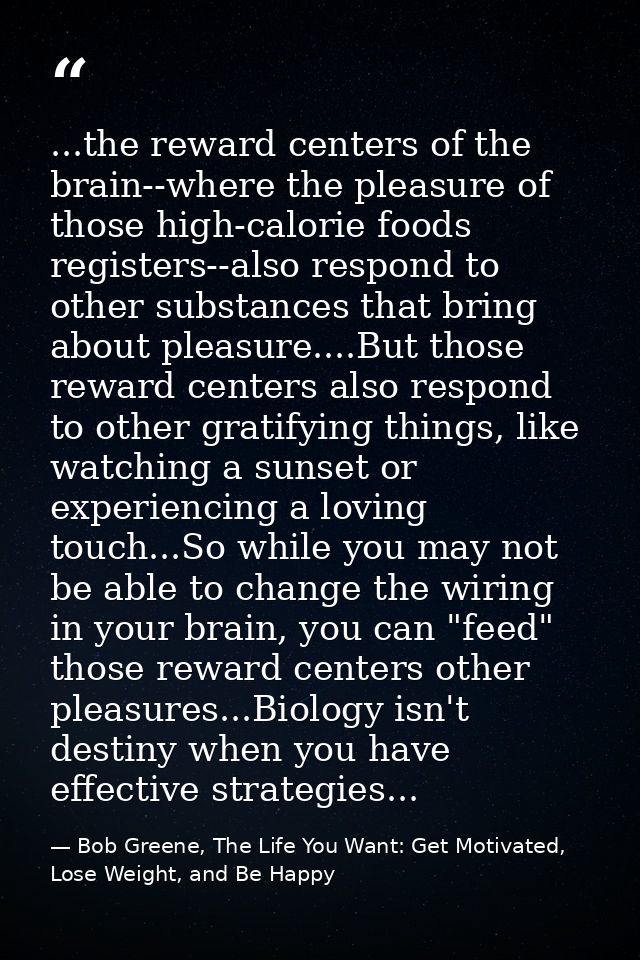 ...the reward centers of the brain--where the pleasure of those high-calorie foods registers--also respond to other subs — Bob Greene, The Life You Want: Get Motivated, Lose Weight, and Be Happy