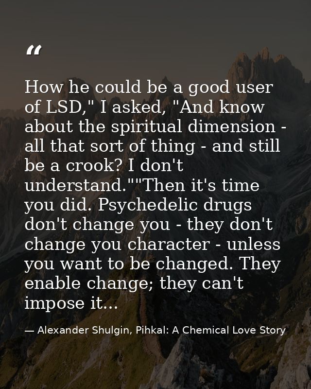 How he could be a good user of LSD," I asked, "And know about the spiritual dimension - all that sort of thing - and sti — Alexander Shulgin, Pihkal: A Chemical Love Story