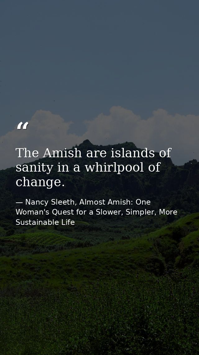 The Amish are islands of sanity in a whirlpool of change. — Nancy Sleeth, Almost Amish: One Woman's Quest for a Slower, Simpler, More Sustainable Life