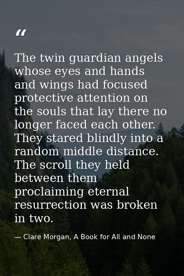 The twin guardian angels whose eyes and hands and wings had focused protective attention on the souls that lay there no  — Clare Morgan, A Book for All and None