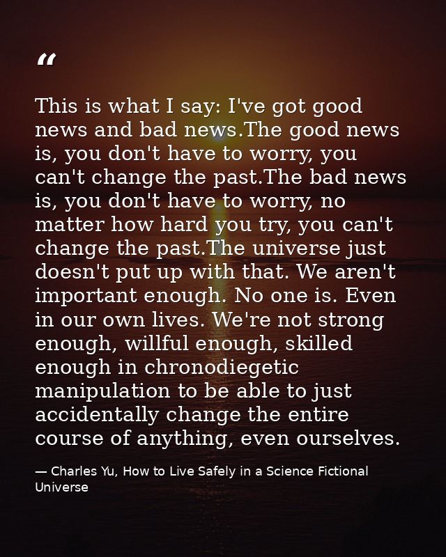 This is what I say: I've got good news and bad news.The good news is, you don't have to worry, you can't change the past — Charles Yu, How to Live Safely in a Science Fictional Universe